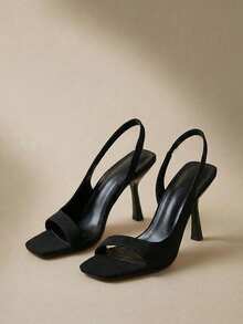 Arave 女士方头系带露趾凉鞋，新款缎面优雅高跟鞋 - 黑色 - 查看 1