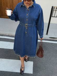 Dazy Plus Vestido midi de mezclilla lavada vintage oscura, vestido de mezclilla de manga larga con cuello y media cartera casual, primavera/otoño - Azul lavado oscuro - Ver 6