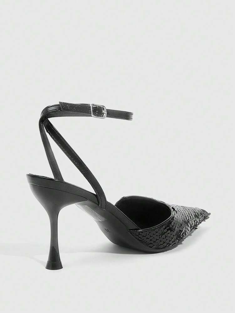 CUCCOO SZL Women's Pointed Toe Ankle Strap Black Beaded Fashionable Sexy Stiletto High Heel Pumps Spring Shoes