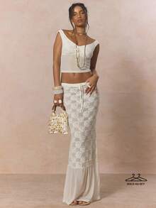 MUSERA Tie Front Off The Shoulder Lace Detail Mesh Waist Panel Top With Tie Front Low Waist Lace Floral Mesh Hem Maxi Skirt Cute Spring Holiday Girly Sugar Salt - White - View 1