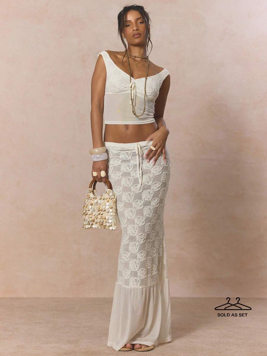 MUSERA Tie Front Off The Shoulder Lace Detail Mesh Waist Panel Top With Tie Front Low Waist Lace Floral Mesh Hem Maxi Skirt Cute Spring Holiday Girly Sugar Salt - White - View 1