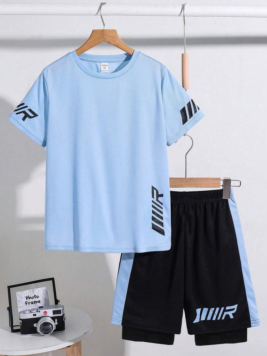 SHEIN 2pcs Tween Boy Splice Sports Textured Vertical Stripe Pattern Short Sleeve T-Shirt And Shorts Set,Kids - Blue - View 1
