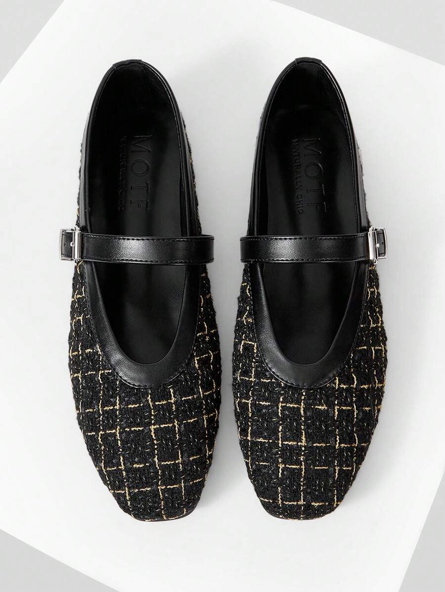 MOTF PREMIUM 女士通勤休闲舒适百搭玛丽珍方头平底鞋 - 黑色毛呢 - 查看 1