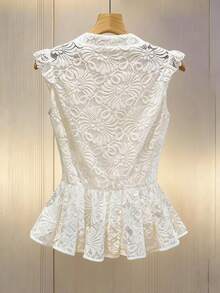 GlowEve Women's Fashion V-Neck Sleeveless Hollow Lace Fabric Metal Buckle Decor Elegant Versatile Tank Top, Spring/Summer - White - View 2