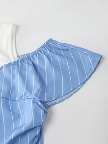 Women's Striped Ruched Button Design Off-Shoulder Fashion Blouse - Blue - View 4
