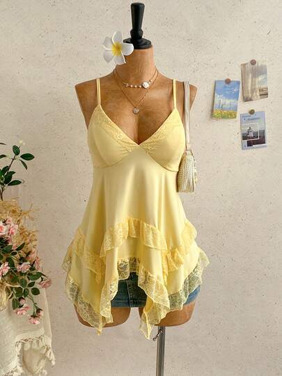 Soleia Áo hai dây nữ màu trơn phối ren bất đối xứng gấu áo