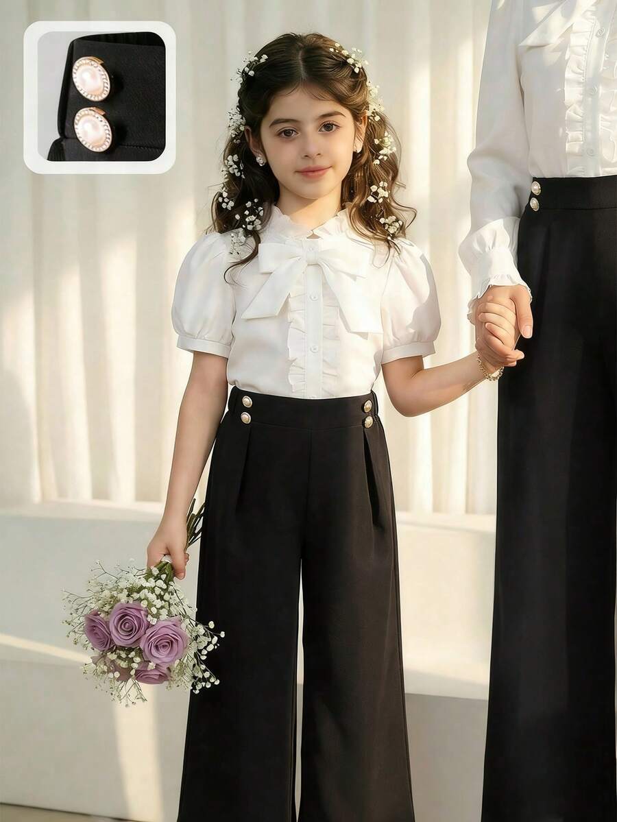 Pantalones anchos y sueltos con pliegues, decoración de botones de perlas falsas y unicolor minimalista para uso diario y casual de niñas preadolescentes - Negro - Ver 1