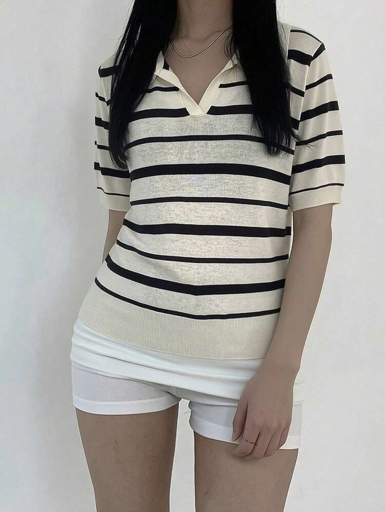 Striped Polo Collar Short Sleeve Casual Knit Top For Women, Spring & Summer
