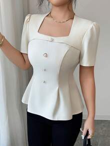 Selianne Chemise à manches courtes plissée à boutons, couleur unie, à la mode et polyvalente pour femme, idéale au quotidien. - Nude - Voir 4