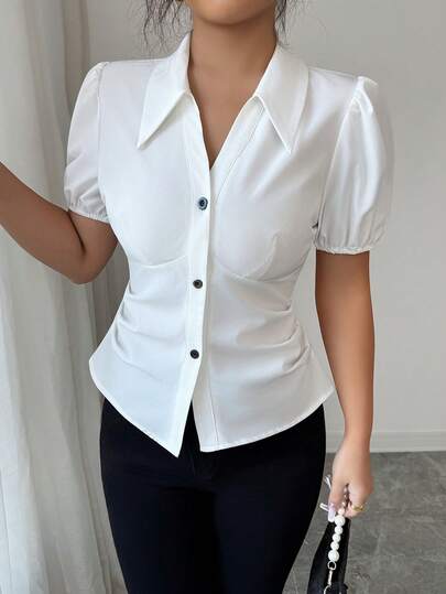 Elenzga Blusa de manga corta con cuello en V y botones, blanca, para salidas de verano, citas, Año Nuevo, Día de San Valentín, Pascua, Día de la Madre, festivales de música, estilo de Oriente Medio, bodas, elegante, vintage, casual, viajes, romántica, vacaciones
