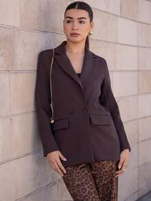 Andrea Bello Women's Business Style Solid Color Double-Breasted Blazer Jacket For Commuting, Autumn  - Coffee Brown - View 5