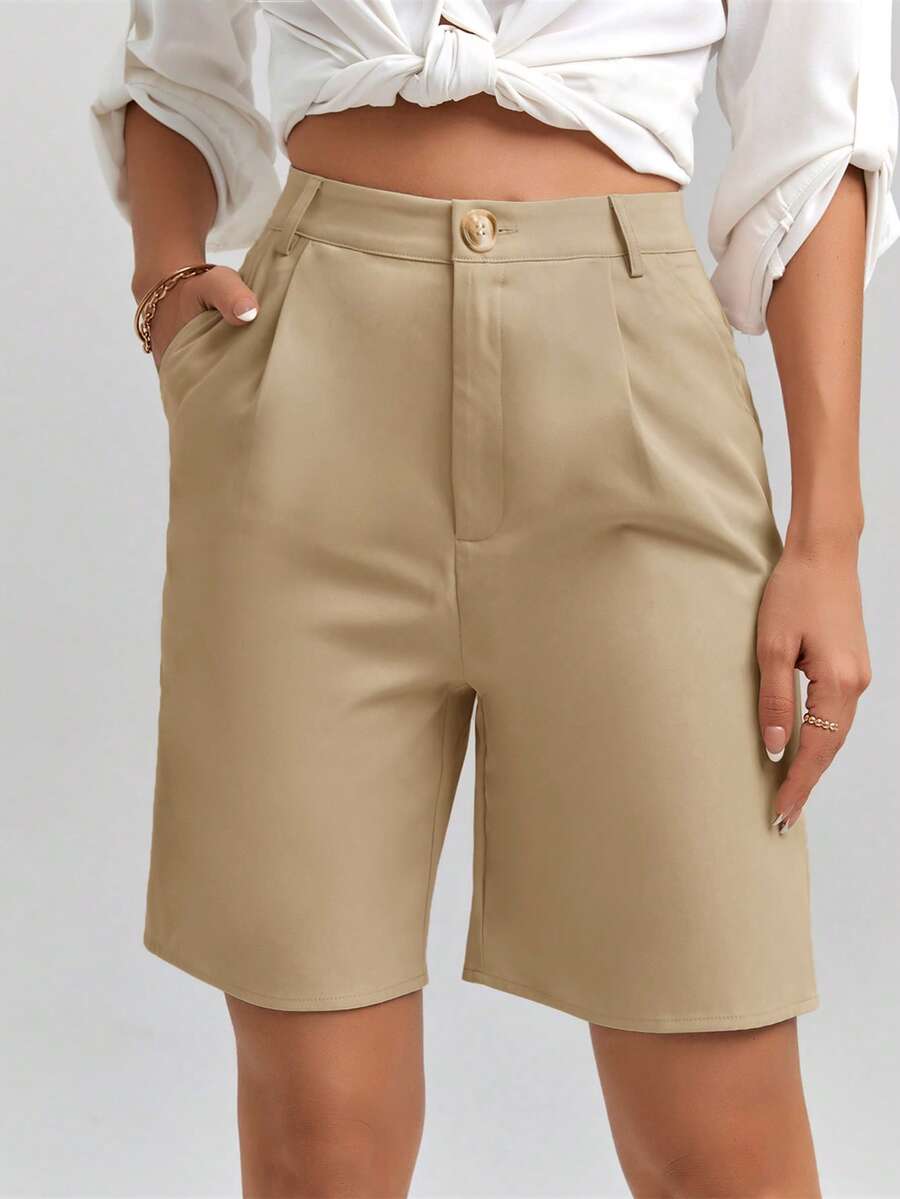 SHEIN Clasi 女士纯色高腰褶裥口袋休闲短裤 - 卡其色 - 查看 1