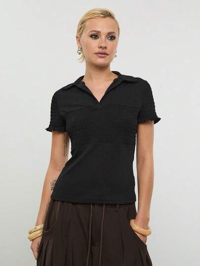 COUREZ Short Sleeve Shirred Polo Top /Y2K Spring Clothes For Women Black Tops For Women Spring Break Outfits Summer Clothes Summer Outfits Going Out Tops