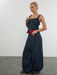 COUREZ Jeans holgados de globo de tiro bajo con detalle de costura frontal en lavado azul / Ropa de primavera Y2K para mujeres Pantalones vaqueros azules Atuendos de vacaciones de primavera Atuendos de festival Atuendos de verano Atuendos para salir - Azul lavado oscuro - Ver 2