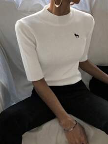 DAZY Women's Mock Neck Fitted Ribbed Half Sleeve Sweater With Embroidered Pattern - White - View 6