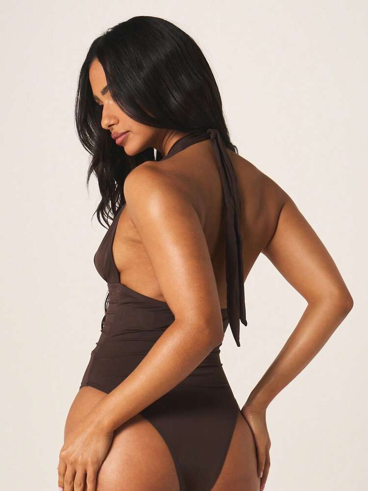 MISSGUIDED Marszczony, jednoczęściowy kostium kąpielowy z głębokim dekoltem typu halter, kontrastowymi detalami i fasonem idealnym na letnią plażę