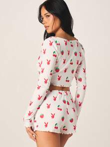 Missguided x Playboy Printed Pointelle Pajama Set With Long Sleeve Crop Top And Matching Shorts Fruit Cherry Strawberry Pattern - White - View 3