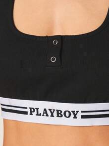 Missguided x Playboy Black Ribbed Scoop Neck Crop Top With Contrast Logo Band Detail And Button Front Closure - Black - View 4