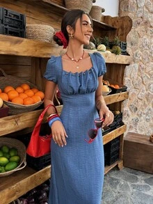 Selianne 1pc Women's Spring/Summer Beaded Ruched Collar Fitted Casual Vacation Everyday Denim Effect Dress - Lake Blue - View 7