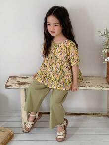 DAZY 少女碎花花瓣袖衬衫和裤子休闲套装 - 綠色 - 查看 7