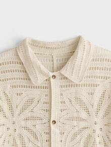 EASEVO 加大码男士棕榈树镂空短袖单排扣开衫 - 杏色 - 查看 5