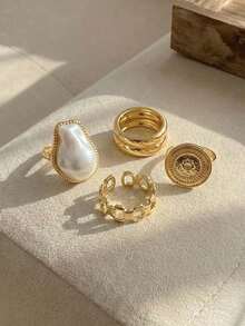 Resyla 4pcs/Set Fashionable Geometric Carved Faux Pearl Design Glossy Women's Ring Set - Yellow Gold - View 3