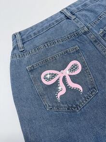 SHEIN Fashionable Casual Bow Print Rhinestone Embellished Women's Denim Shorts - Medium Wash - View 5