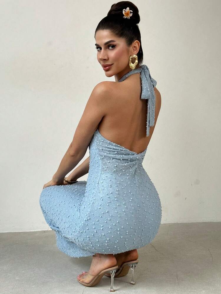 Firerie Elegantes Damen Hochzeitssaison Partykleid, blau strukturiertes taillenschmeichelndes figurbetontes langes Kleid, Neckholder rückenfreies anliegendes Kleid, geeignet für Urlaub, Nachmittagstee, Strandoutfit - Babyblau - Übersicht 4