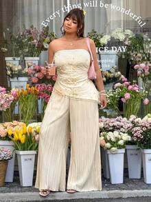 GalTyme Plus Size Women Vacation Embroidered Asymmetric Hem Bandeau Top And Wide Leg Pants 2 Pieces Set - Apricot - View 6