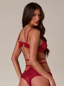 SHEIN BAE 素色蕾絲鏤空內衣套裝 - 酒紅色 - 查看 2