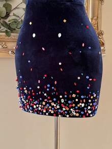 Lovelzi Elegant Luxurious Velvet Black Strapless High Waist Slim-Fit Bodycon Mini Dress With Rhinestone Embellishments,Suitable For Parties,Weddings&Formal - Navy Blue - View 4