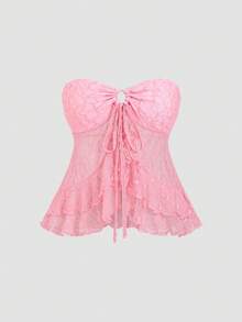 Elamini Petite 女士粉色蕾丝拼接不对称下摆系带吊带背心，春夏款 - 粉色 - 查看 1