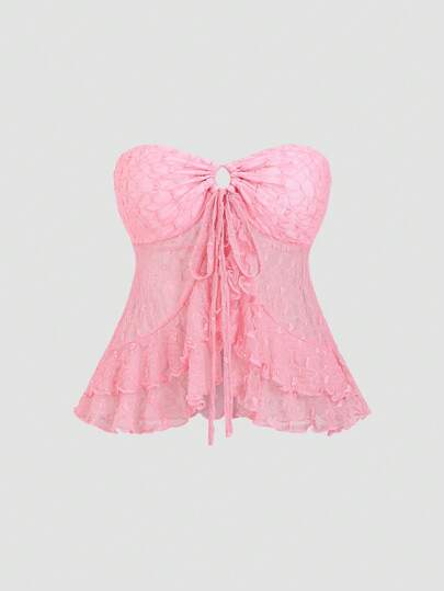 Elamini Petite Women's Pink Lace Patchwork Asymmetrical Hem Tie Front Camisole Top, Spring/Summer