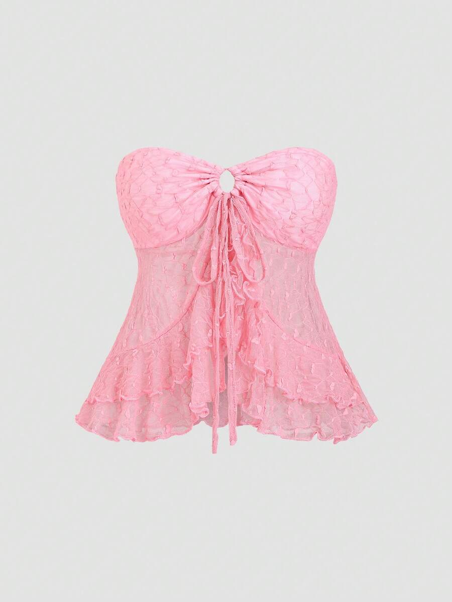Elamini Petite 女士粉色蕾丝拼接不对称下摆系带吊带背心，春夏款 - 粉色 - 查看 1
