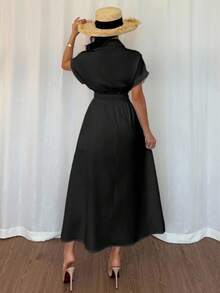 Rafferiza 女式休闲衬衫裙，前襟纽扣，插肩袖，收腰设计 - 黑色 - 查看 2