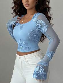 Olithes 欧美时尚休闲修身针织提花立体效果女士长袖喇叭浅蓝色秋季女装外出奢华上衣 - 藍色 - 查看 6