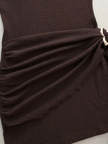Olithes 时尚新款春夏约会之夜性感优雅修身高领金属扣褶皱无袖女式连衣裙 - 棕色 - 查看 5