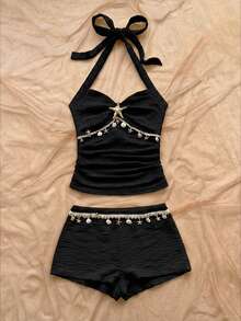 Soleia 女士金属海星装饰褶皱吊带上衣和短裤两件套 - 黑色 - 查看 5