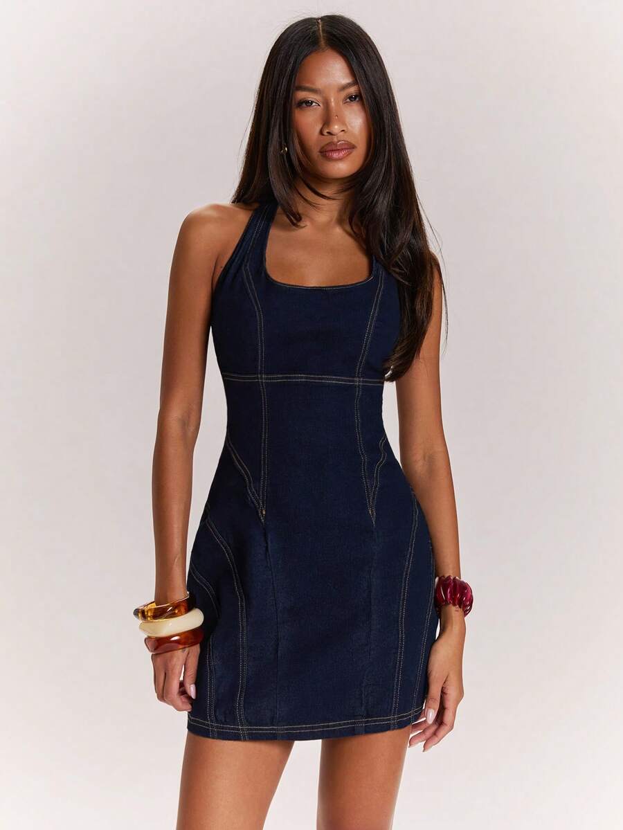 SHEIN BAE Đầm denim cổ yếm dáng casual dành cho nữ, thích hợp mặc hàng ngày. - Rửa trung bình - Xem 1