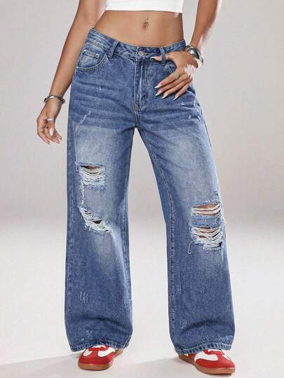 SHEIN ICON Women's Pocket Distressed Wide Leg Loose Casual Versatile Jeans