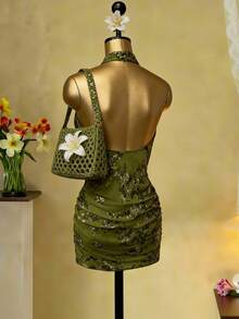Bluhae Women's Halter Neck Ruched Floral Sequin Dress - Green - View 2
