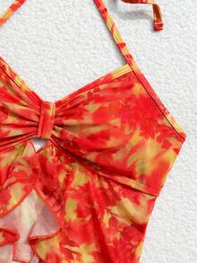 Swim SXY 夏季新款多色印花层叠荷叶边裹身裙，高开衩侧系腰带沙滩裙，浪漫度假三件套女士沙滩装 - 彩色 - 查看 4