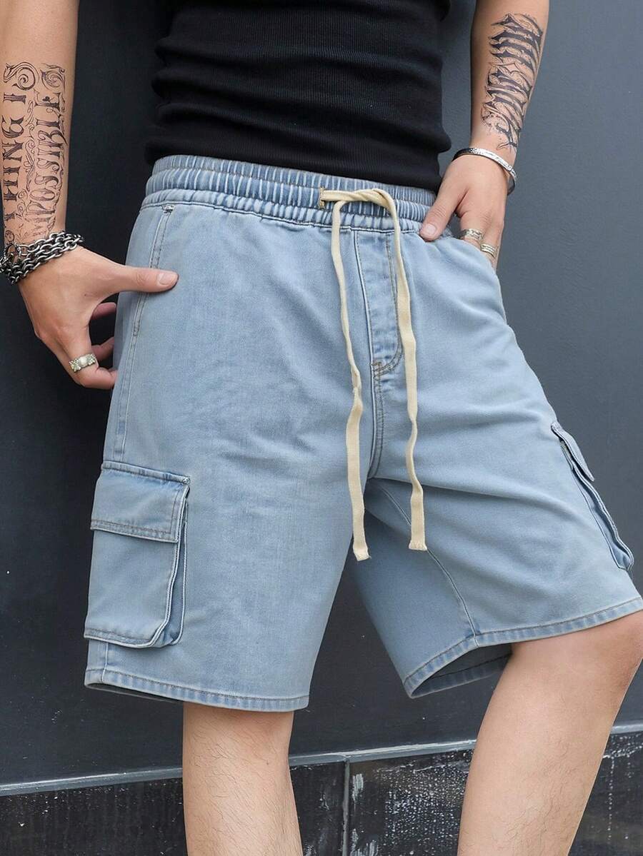 Manfinity Hypemode 男士抽绳腰带工装口袋休闲牛仔短裤 - 淺色水洗藍 - 查看 1