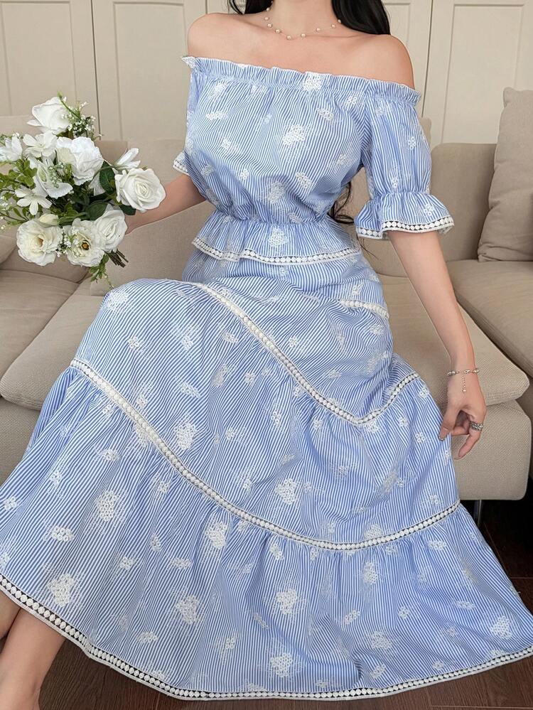 Women's Elegant Striped Floral Lace Patchwork Off-Shoulder Top And Frill Trim Skirt 2-Piece Set, Summer