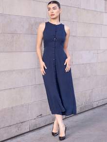 Andrea Bello Vacation Casual Solid Color Front Button Sleeveless Dress - Navy Blue - View 1