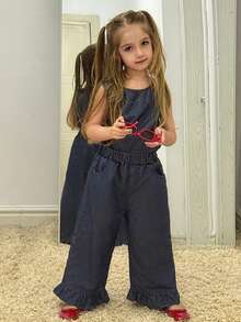 DAZY Young Girl Round Neck Sleeveless Top And Ruffle Hem Wide Leg Jeans Set - Blue - View 7