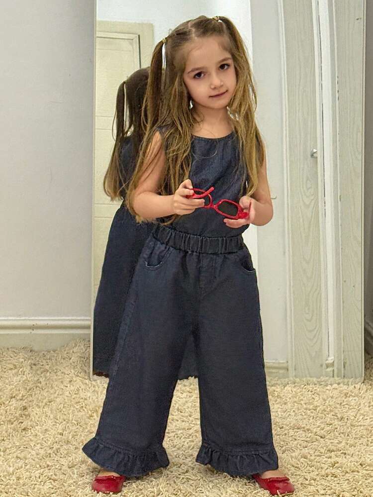Young Girl Round Neck Sleeveless Top And Ruffle Hem Wide Leg Jeans Set
