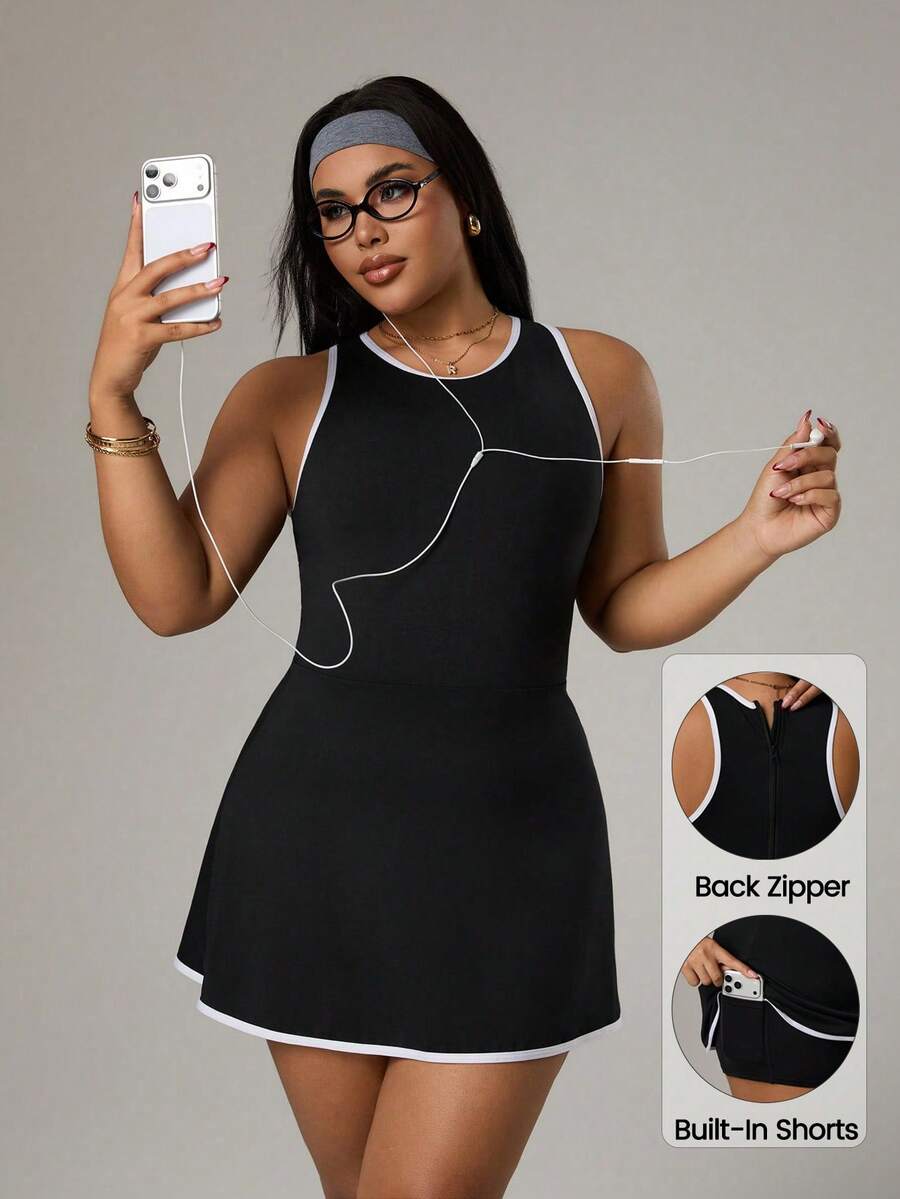 SHEIN Sports Gaun Olahraga Tanpa Punggung Berbahan Jala dengan Panel Blok Warna untuk Wanita dari Rhythm Era, Dilengkapi Celana Pendek Terintegrasi - Hitam - View 1