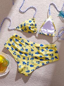 Swim Mod 2026 Spring/Summer New Floral Print Sexy Backless Halter Tie Shorts 2pcs Beachwear Swimwear Set Bikini Set - Yellow - View 2