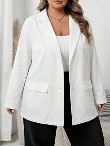 SHEIN CURVE+ Plus Size Women Solid Color Lapel NeckLong Sleeve Single-Breasted Casual Blazer - White - View 4